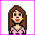 Amy, a brown-haired woman, is drawn in pixel art in the style of the NES game Maniac Mansion, it is an animated gif file of herself in a pink top and glasses, her mouth moving to talk the same way talking is shown in the game.